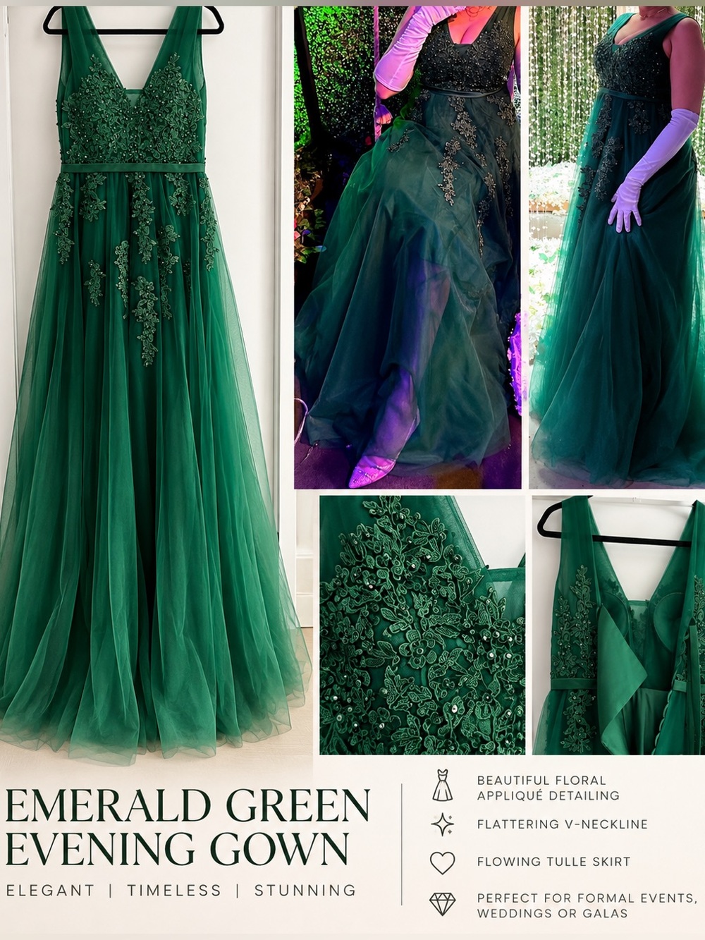 Emerald Green Evening Gown - Elegant V-Neck Floral Appliqué